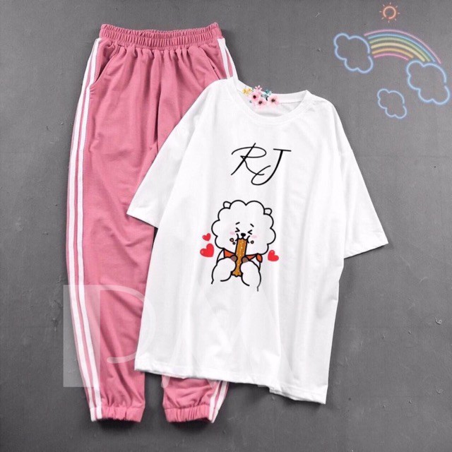 [HAN HAN SHOP 189] Sét Bộ Quần Áo Nữ Mùa Hè, Mặc Ở Nhà, Áo Phông Cotton Mát Mịn In Gấu Vàng Kèm Quần Thun Sọc Bo Gấu