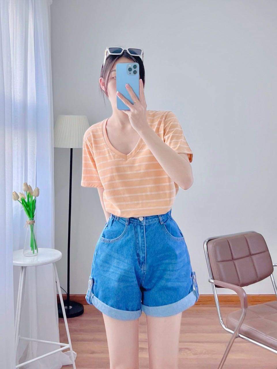 Áo thun cổ tim tay lỡ nam nữ form rộng sọc ngang _ áo phông rộng