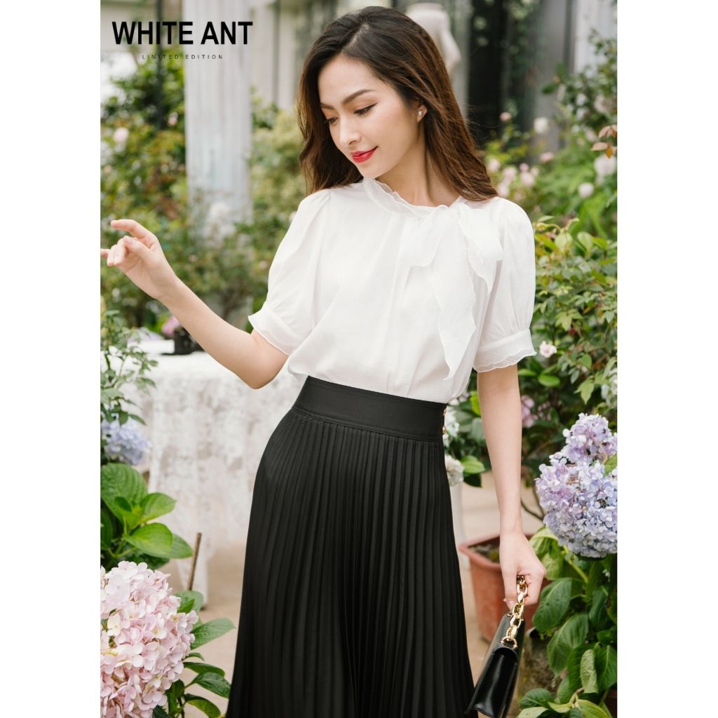 Áo Sơ Mi Nữ Công Sở Tay Ngắn WHITE ANT Thiết Kế Tay Bồng Cổ Nơ, Chất Liệu Tơ Organza Cao Cấp 171502011B.493