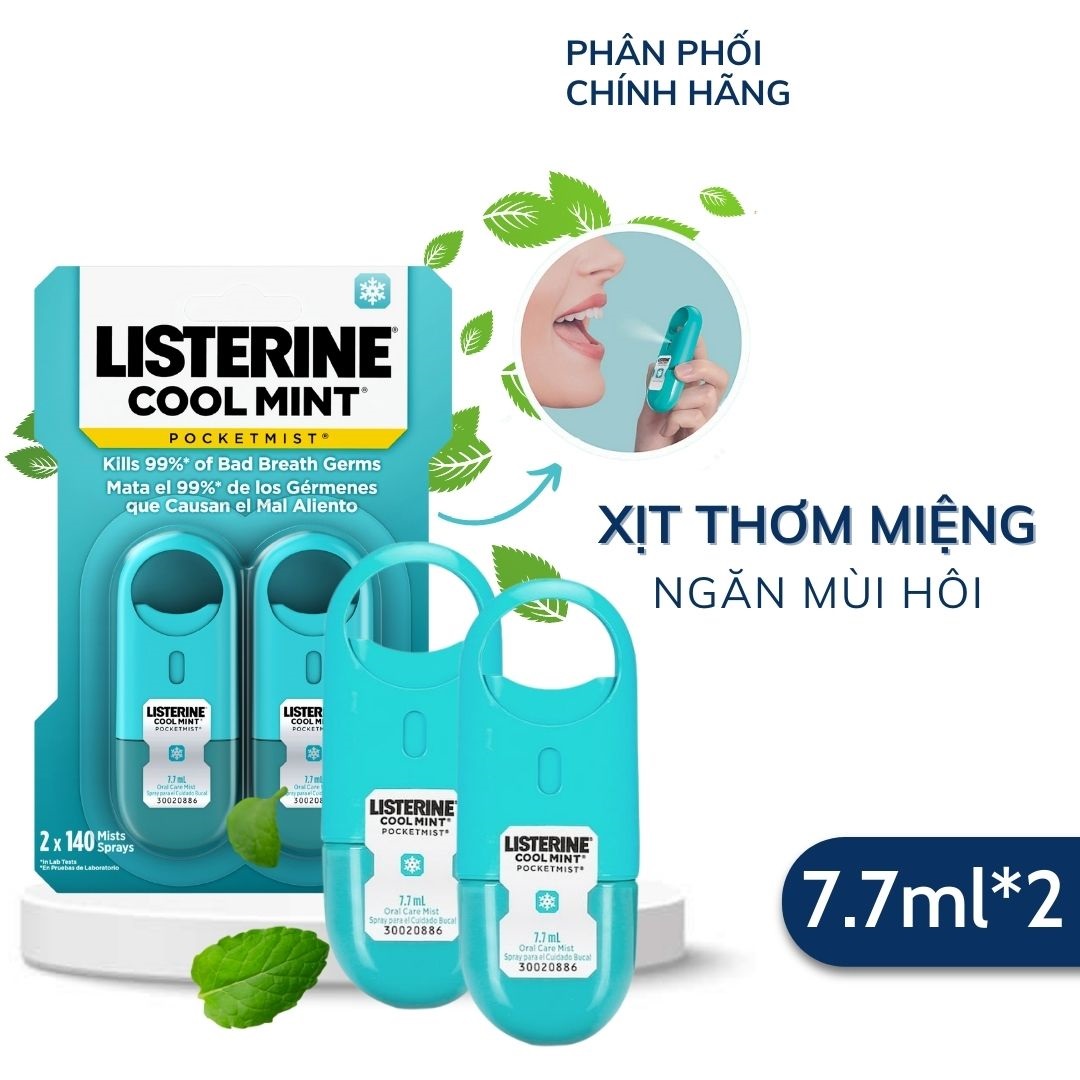 Vĩ 2 Chai Xịt thơm miệng diệt khuẩn Listerine 7,7ml Cool Mint Pockeymist Mỹ