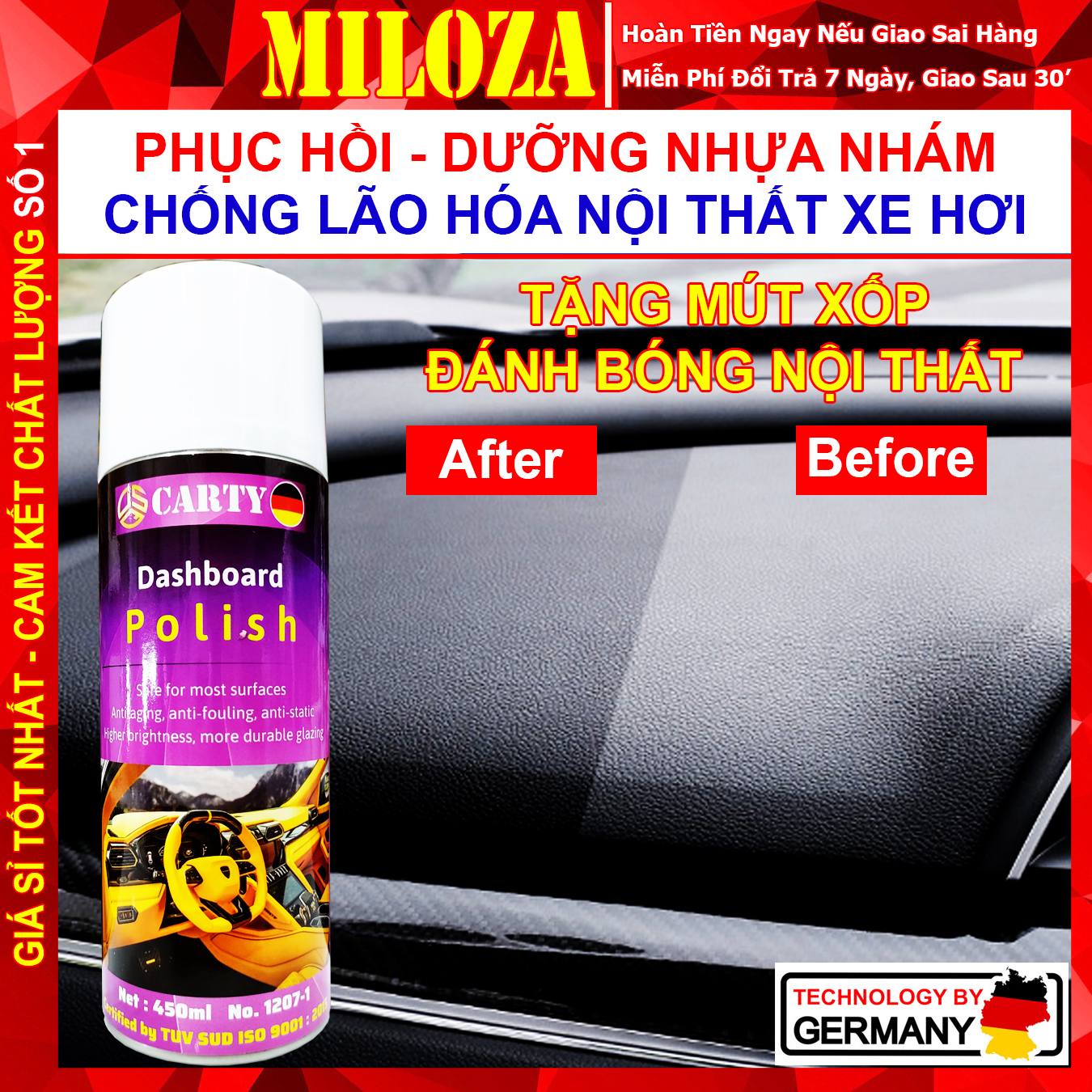 [XẢ KHO 3 NGÀY] Chai Xịt Dưỡng Nhựa Nhám Ô Tô, Xe Máy – Bình Dung Dịch Phục Hồi, Làm Mới Ghế Da, Nội Thất Xe Hơi – Chai Xịt Chống Lão Hóa Nhựa Nhám, Ghế Da, Sofa - CARTY DASHBOARD POLISH 450ML - Công Nghệ ĐỨC - MILOZA Nhập khẩu