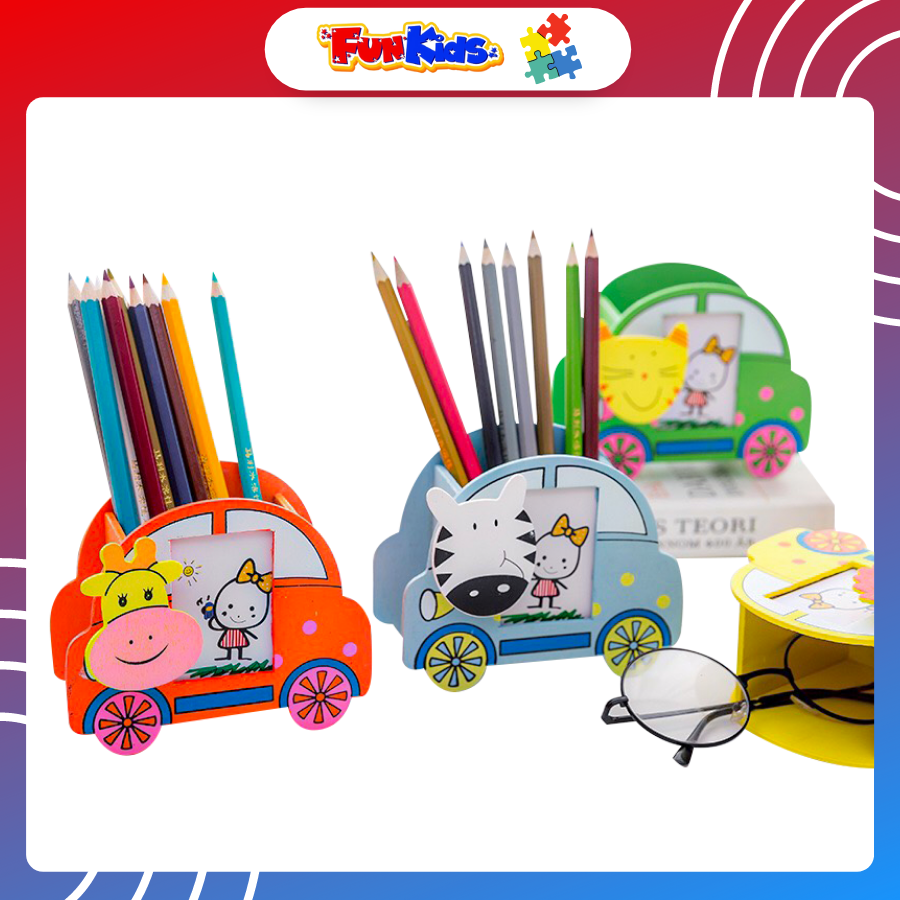 Hộp/ Ống cắm đựng bút hình ô tô gắn con vật ngộ nghĩnh dễ thương, đồ dùng và trang trí góc học tập cho trẻ em từ mầm non trở lên