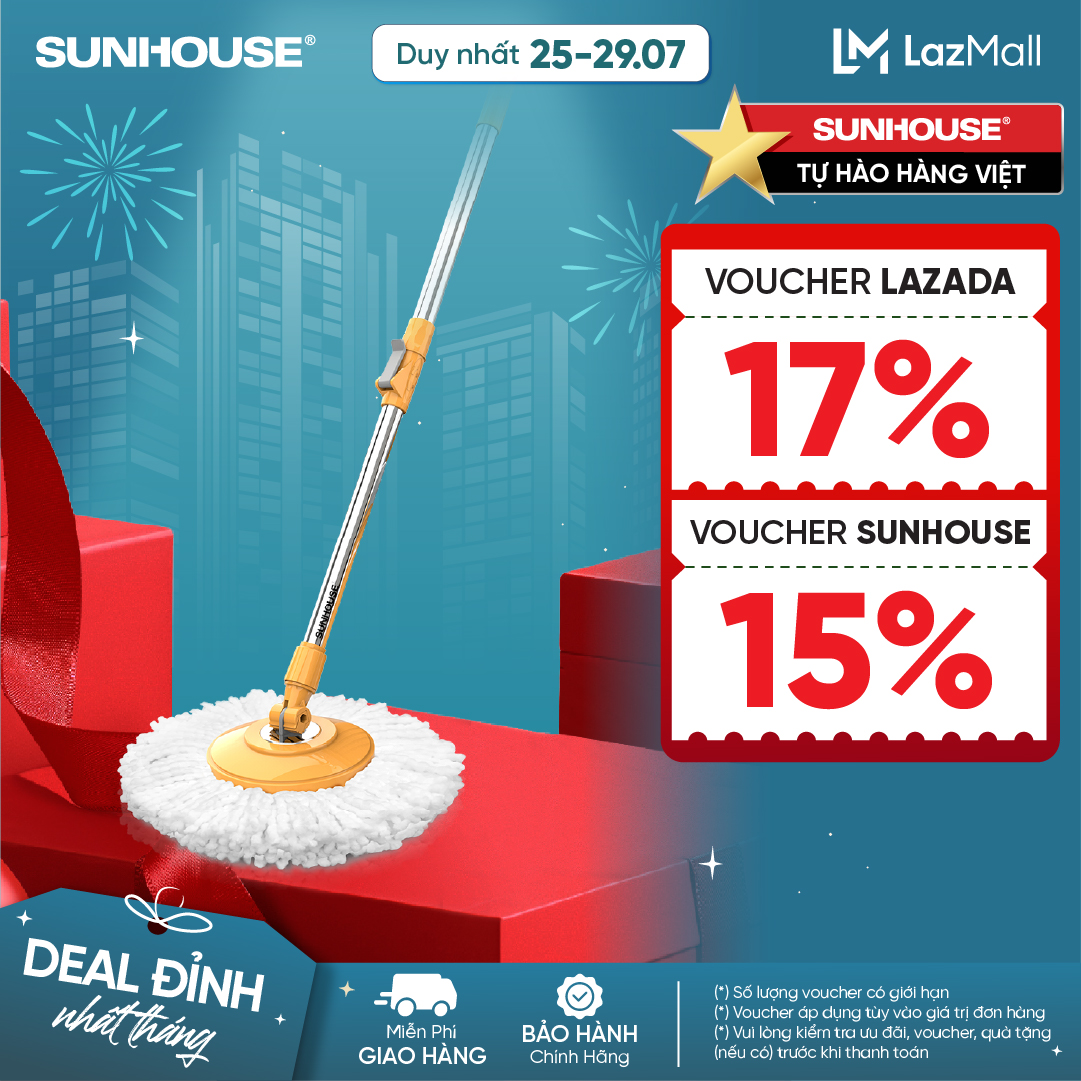 Cây lau nhà xoay 360 độ Sunhouse KS-MO350I - Bông lau bằng sợi Microfiber thấm hút nước tốt - Cán bằng inox 201 có tay cầm bọc nhựa PP chắc chắn - Hàng chính hãng