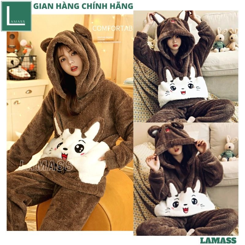 Bộ mặc nhà lông THỎ NÂU, dày dặn mặc ấm áp mùa đông, kiểu dáng hàn quốc, bộ ngủ lông cừu mặc nhà siêu kute dễ thương , bộ mặc nhà lông ấm áp mùa đông siêu đẹp, bộ lông cừu - LAMASS