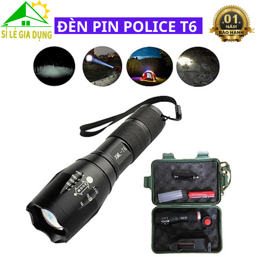 Đèn pin siêu sáng t6, đèn pin siêu sáng chiếu police, đèn pin cầm tay chiếu xa 500m 5 chế độ sáng - bảo hành 12 tháng.