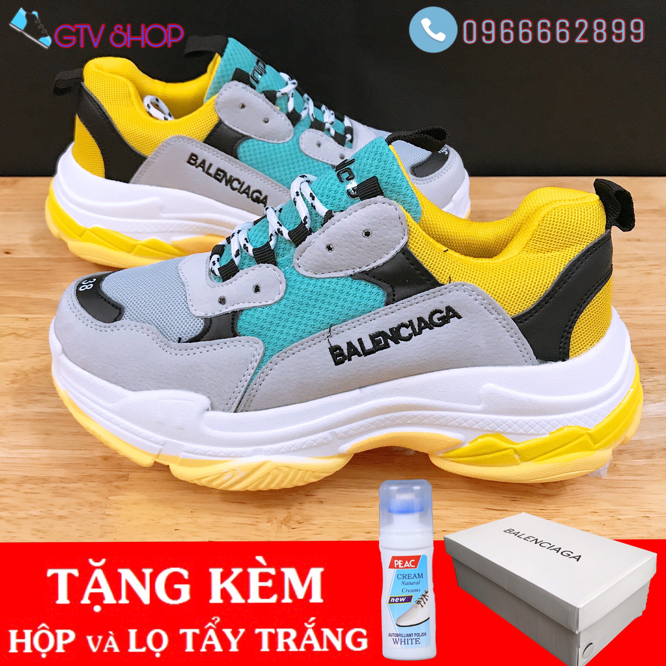 Tặng hộp, Bill và Lọ vệ sinh giày - Giày thể thao nam nữ Ba_lenciaga Xanh vàng, size 36-43.