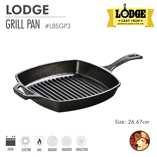 Chảo gang Lodge rãnh vuông 26.7 cm chống dính tự nhiên, dùng được cho mọi loại bếp và lò nướng