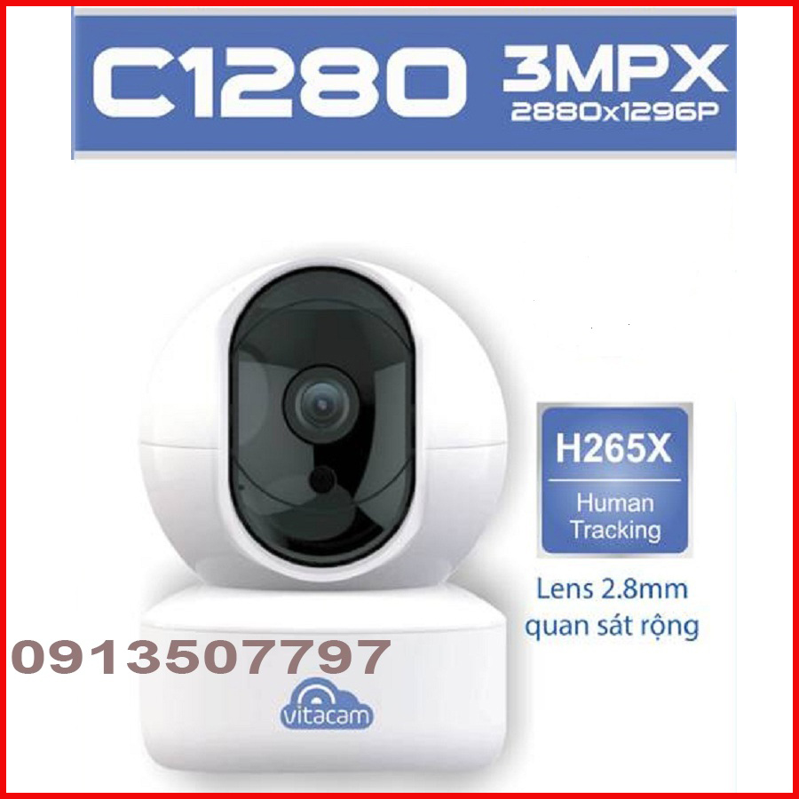 Vitacam c1280 - độ phân giải 3mpx chuẩn ultra hd- lens 2.8mm góc quan sát siêu rộng. công nghệ ai, xoay 360 độ.