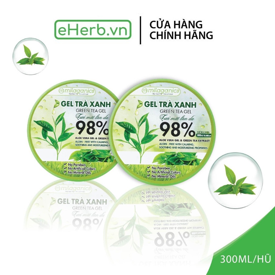 Combo 2 gel trà xanh dưỡng ẩm 98% milaganics 300ml - gel trà xanh dưỡng da cấp âm cho da mặt - eherb