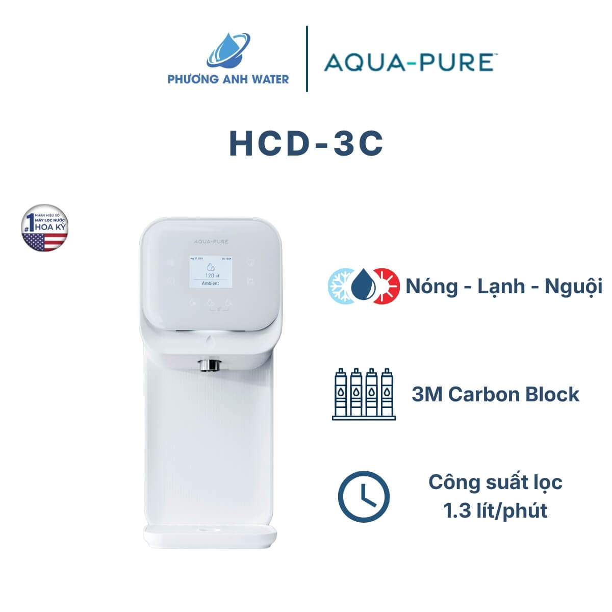 Máy lọc nước Aqua-Pure™ HCD-3C để bàn, 5 chế độ Nóng - Cực nóng - Nguội - Lạnh - Mát, 1 lõi 2 cấp lọc, công suất lọc 1.3L/phút
