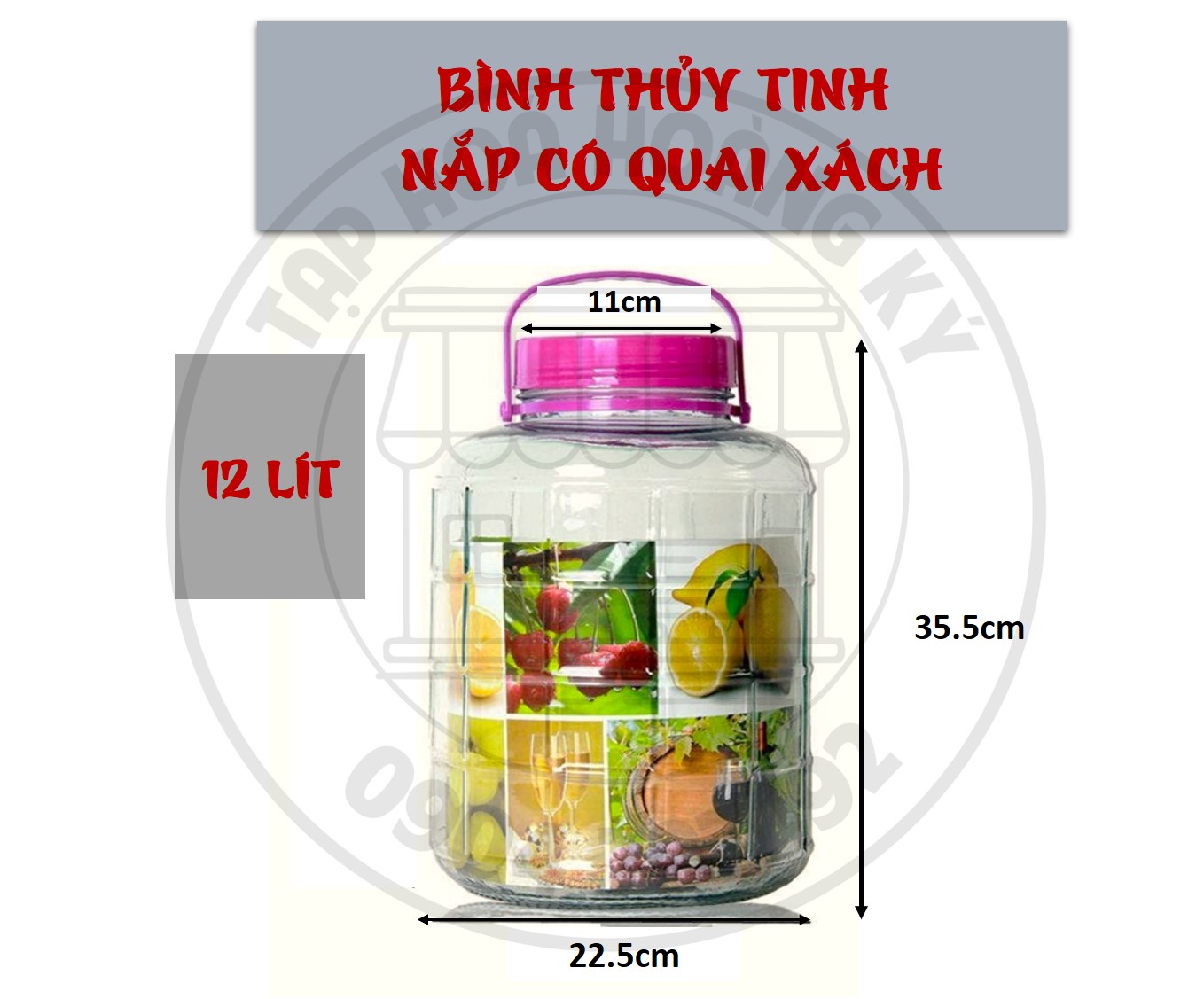 Bình Thủy tinh - Nắp có quai xách - Dung tích 12 lít