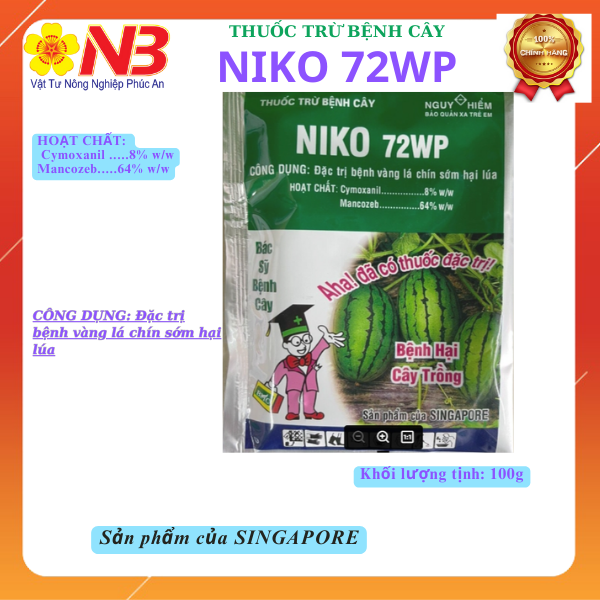 Thuốc trừ bệnh Niko 72WP 100g/ Bột Xanh ( Mancozeb 640g/kg + Cymoxanil 80g/kg)  Phòng và trừ triệt để nấm bệnh hại cây trồng- VTNN Năm Bưu