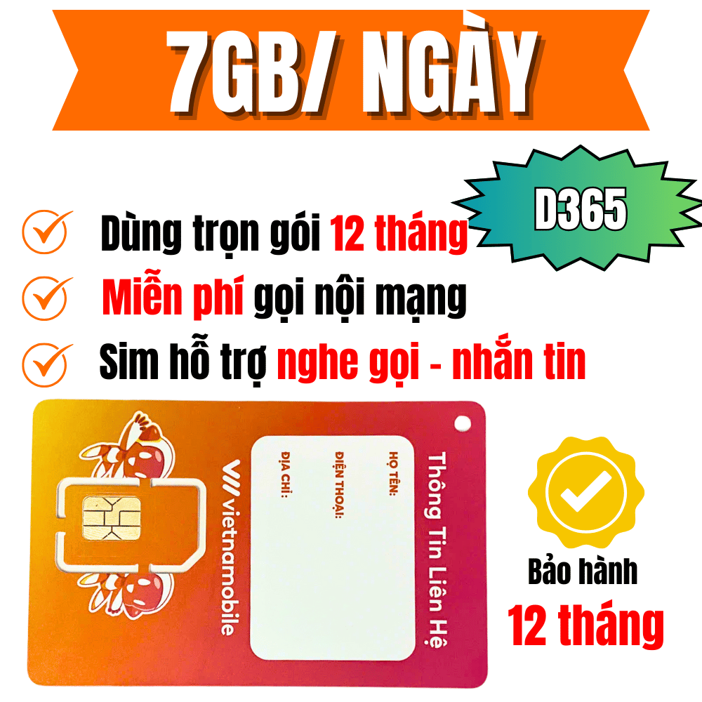 Sim 4G Vietnamobile Trọn Gói 12 Tháng Dùng 7GB/ngày ( 210GB/tháng ) - Mua 1 lần Dùng cả Năm Không Cần Nạp Tiền . FREESHIP - CHƯA KÍCH HOẠT. .