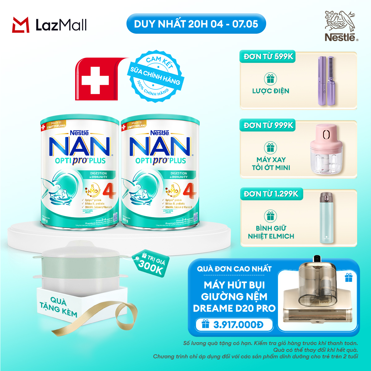 [CHỈ 20H 04-07.05 QT Đơn 599k/999k/1299k] [Tặng Xửng hấp] Bộ 2 Lon Sữa bột Nestlé NAN OPTIPRO PLUS 4 với 5HMO xuất xứ Thụy Sĩ  - Hộp 800g cho bé từ 2-6 tuổi - Sữa công thức dinh dưỡng cho trẻ giúp hỗ trợ tiêu hóa, đề kháng, trí não và phát triển toàn diện