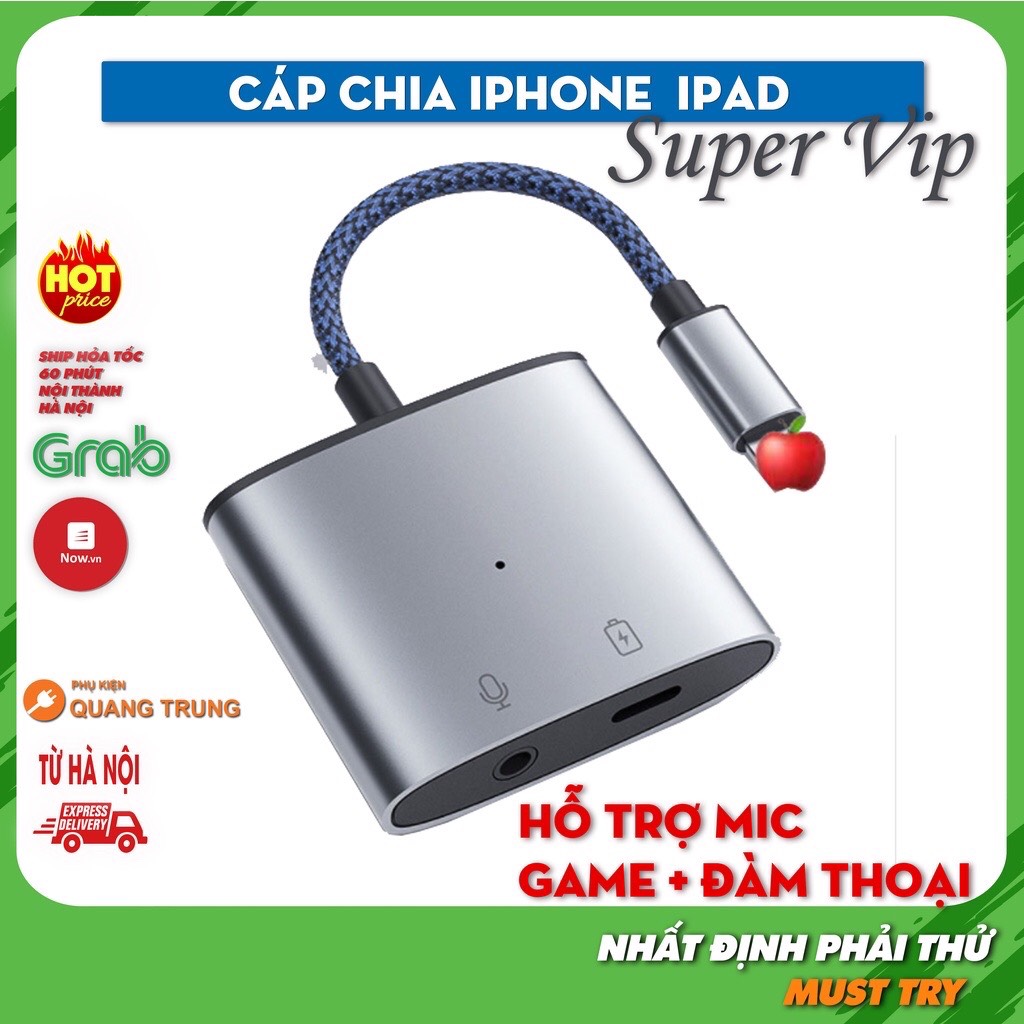 Cáp chuyển lightning ra lighting và aux 3.5mm, jack chuyển chip apple hỗ trợ mic, hỗ trợ gọi điện thoại và chơi game