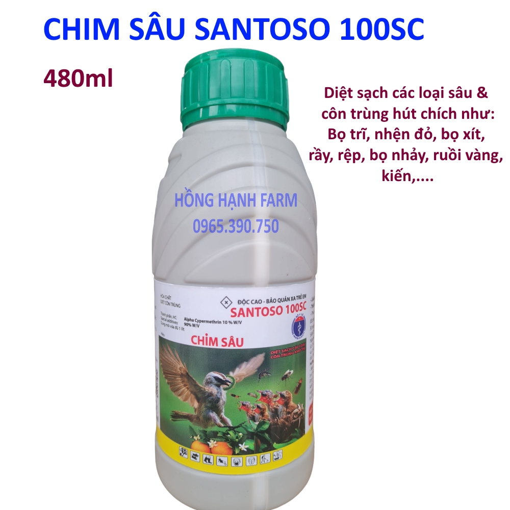 Thuốc trừ sâu, côn trùng SANTOSO 100SC - Chim sâu- chai 480ml (Alfa cypermethrin 100g/l) Trừ bọ trĩ, côn trùng, ruồi vàng, rầy, rệp, nhện đỏ, bọ xít,... BMC