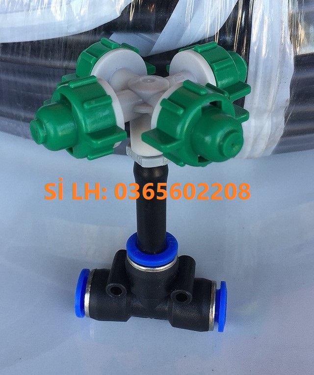 10 Béc phun sương 4 hướng và Khởi thủy và T nối nhanh phi 8mm. Hàng nhập khẩu, có logo, loại tốt
