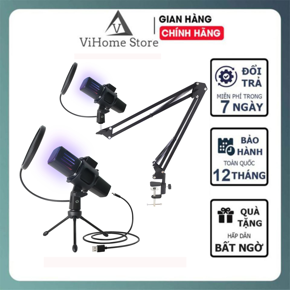 Mic Thu Âm Livestream Để Bàn Chuyên Nghiệp Có Đèn LED Màng Lọc Tạp Âm Tiếng Ồn Có Giá Đỡ Và Chân Kẹp Tiện Lợi Micro Thu Âm Đa Hướng Có Dây Cho PC Laptop Điện Thoại Nhỏ Gọn Dễ Dàng Kết Nối App Mic Livestream Hát Karaoke