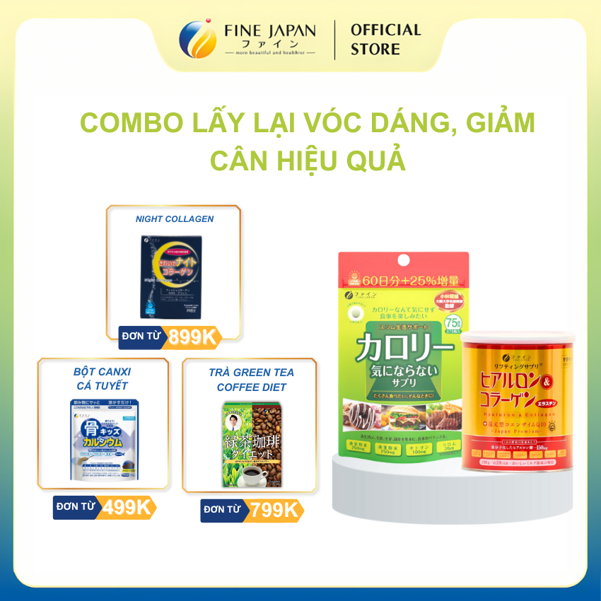 Combo Lấy lại vóc dáng, giảm cân hiệu quả FINE JAPAN - Bột uống Collagen 196g & Viên uống chống hấp thụ calo cao cấp 375 viên