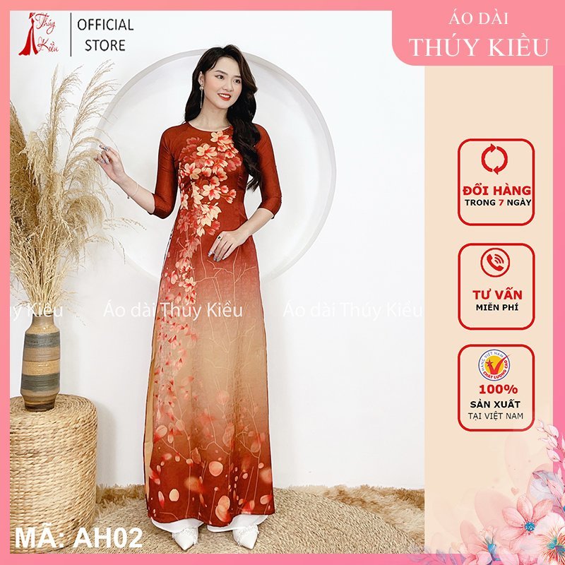 Áo dài thiết kế may sẵn trung niên nữ đẹp cách tân tết hoa nâu AH02 mềm mại, co giãn