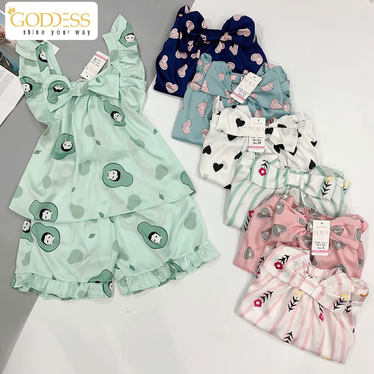 Bộ đồ Pijama Lụa Satin ?? Đồ ngủ đùi dây nơ tiểu thư 50 - 65kg cao cấp lụa mát lịm