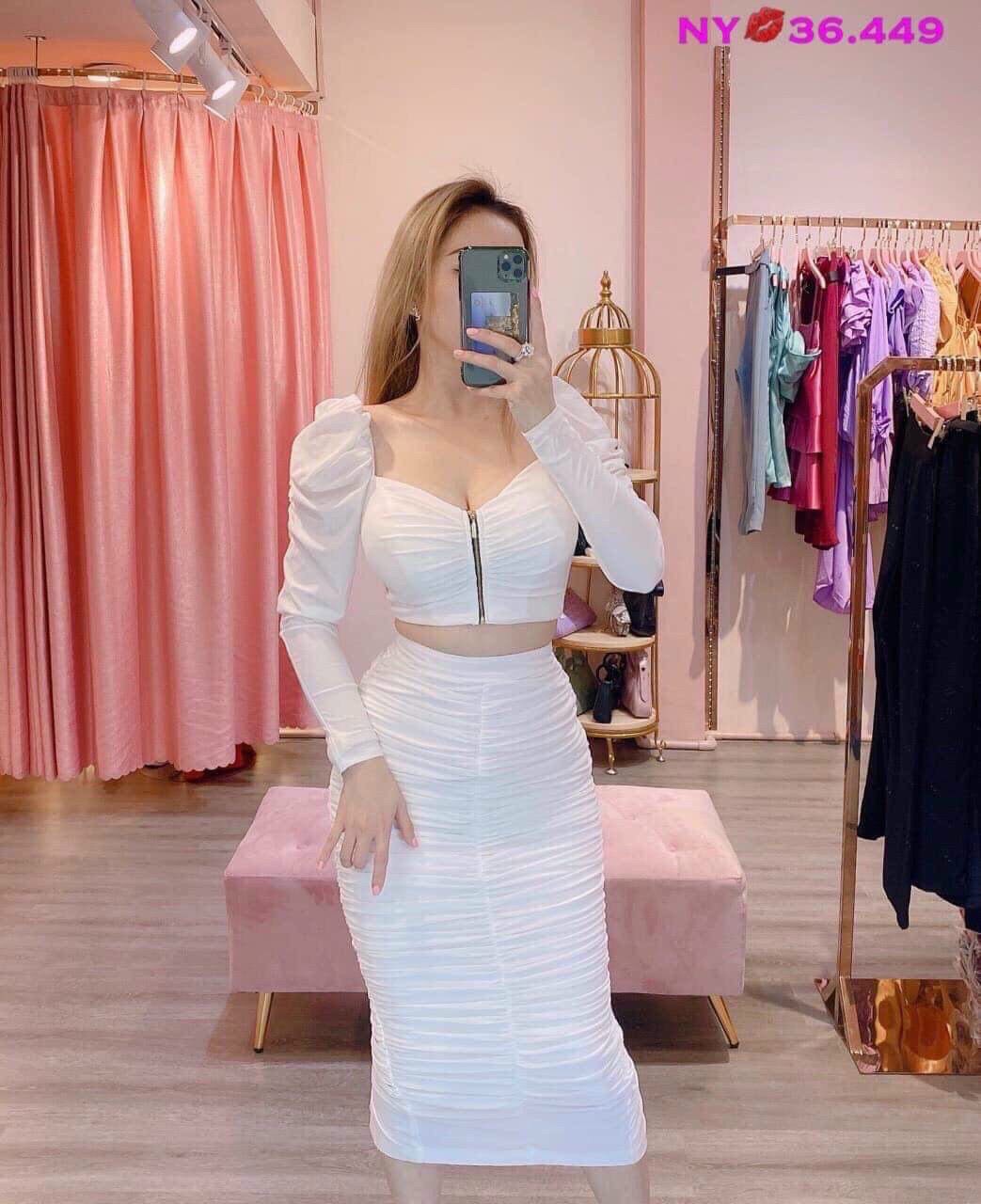 Sét áo tay phồng khóa kéo và chân váy nhún siêu đẹp thời trang nữ linh lan fashion sa70