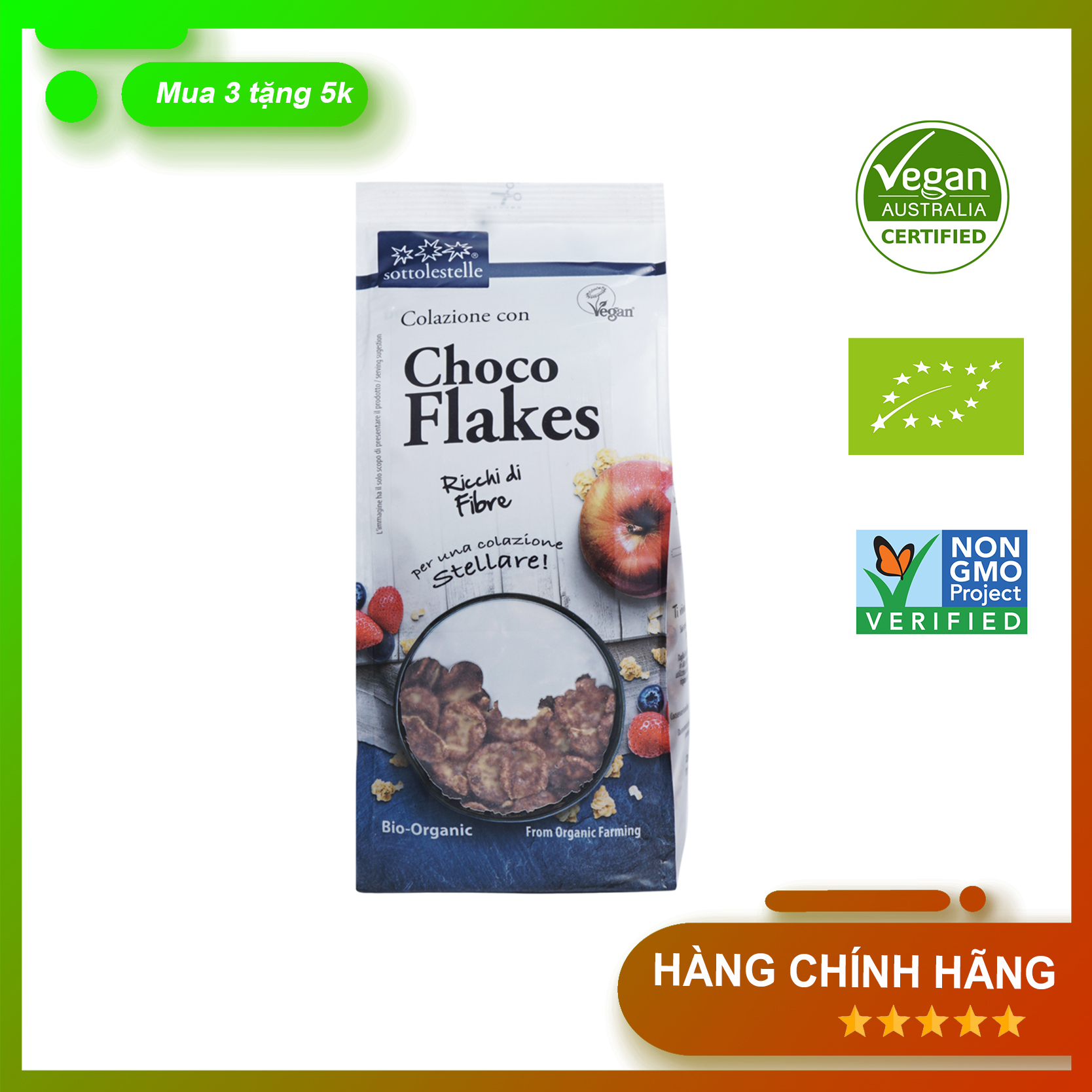 Ngũ cốc hữu cơ bắp ngô socola Sottolestelle 300g