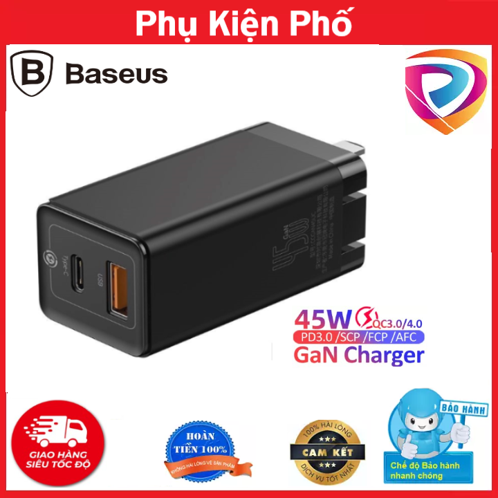 Củ sạc nhanh 2 cổng baseus gan2 ccgan-x01 45w hỗ trợ pd/qc3.0/ bps/ scp/ fcp/ afc multi 2 cổng usb - typec