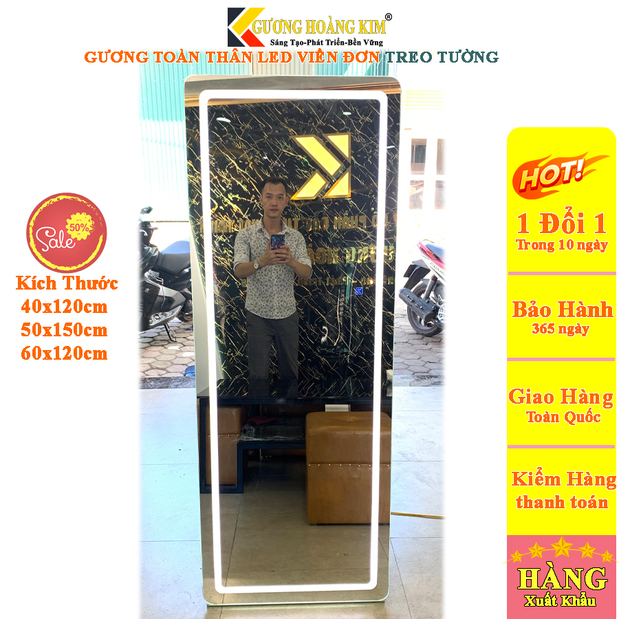 Gương toàn thân giá rẻ có đèn treo tường viền đơn kích thước 40x120,50x160,60x170cm guonghoangkim HK1003
