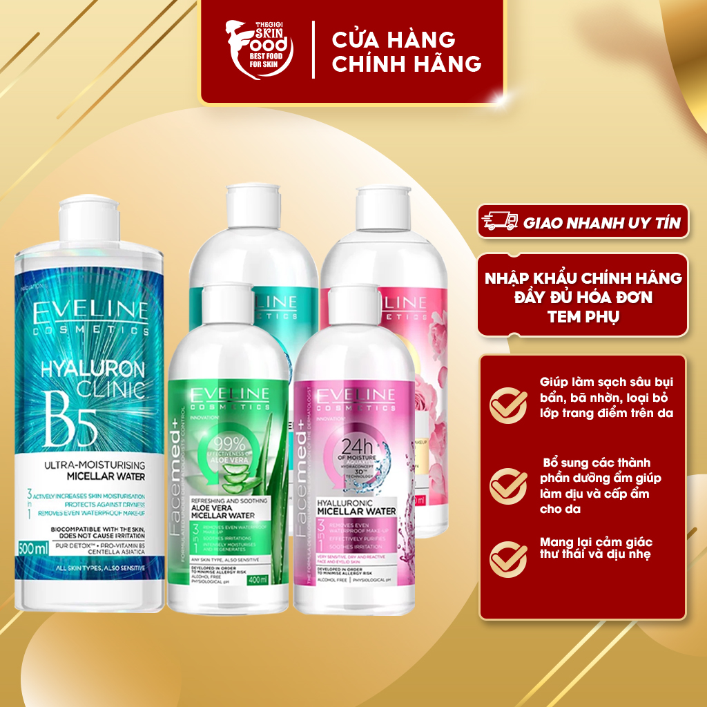 Nước tẩy trang làm sạch, dưỡng ẩm eveline facemed+ micellar water b5 400ml - 500ml