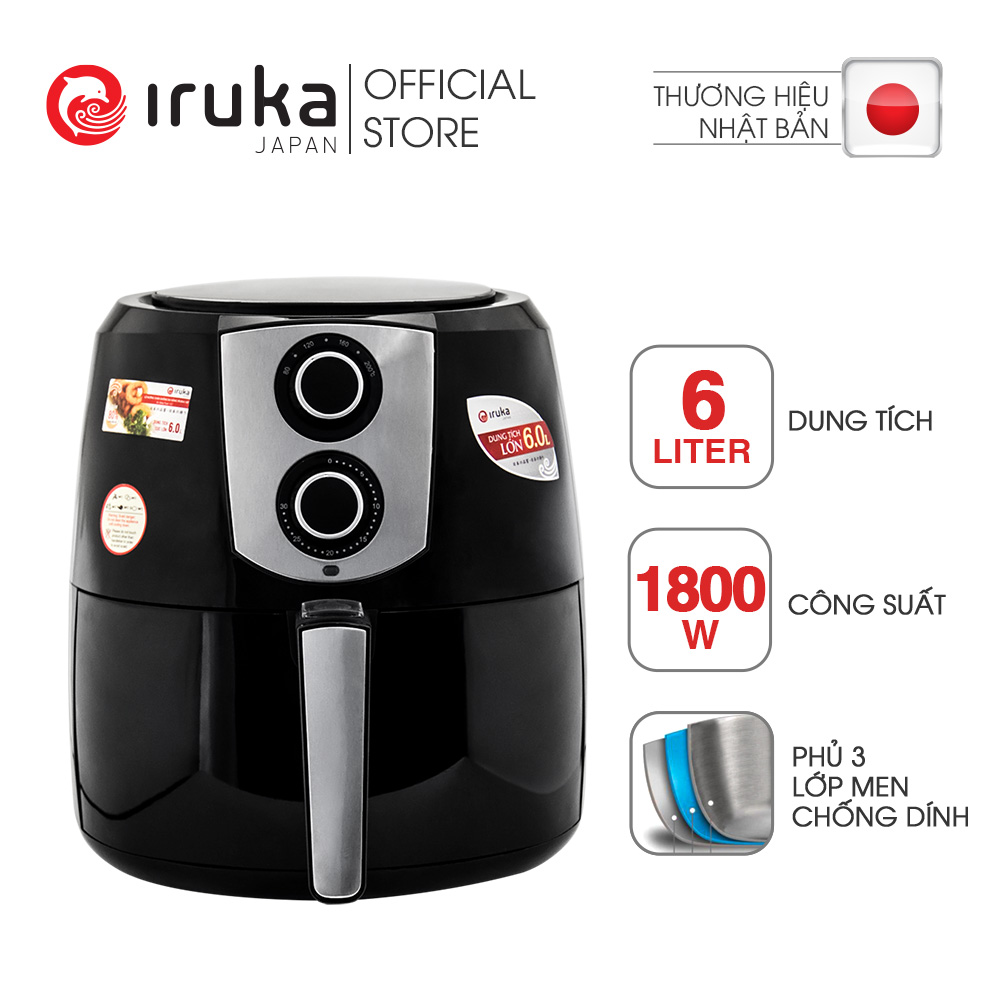 Nồi chiên không dầu Iruka I-67 6L cho gia đình 6-8 người, chiên nướng được nguyên con gà 2kg,công nghệ đốt nóng Rapid Air, chế độ lọc mùi giảm khói, dễ dàng vệ sinh, công suất 1800W, bảo hành chính hãng 18 tháng