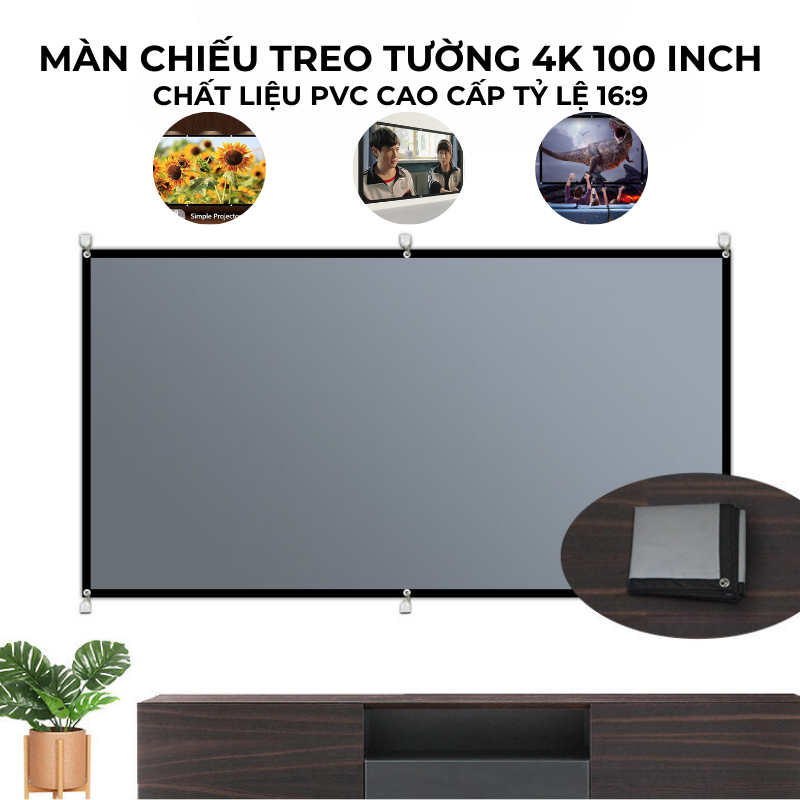Màn chiếu treo tường 4K kích thước 100inch chất liệu PVC cao cấp tỷ lệ 16:9, dùng cho máy chiếu,loại dày, tương phản cao - DCP25