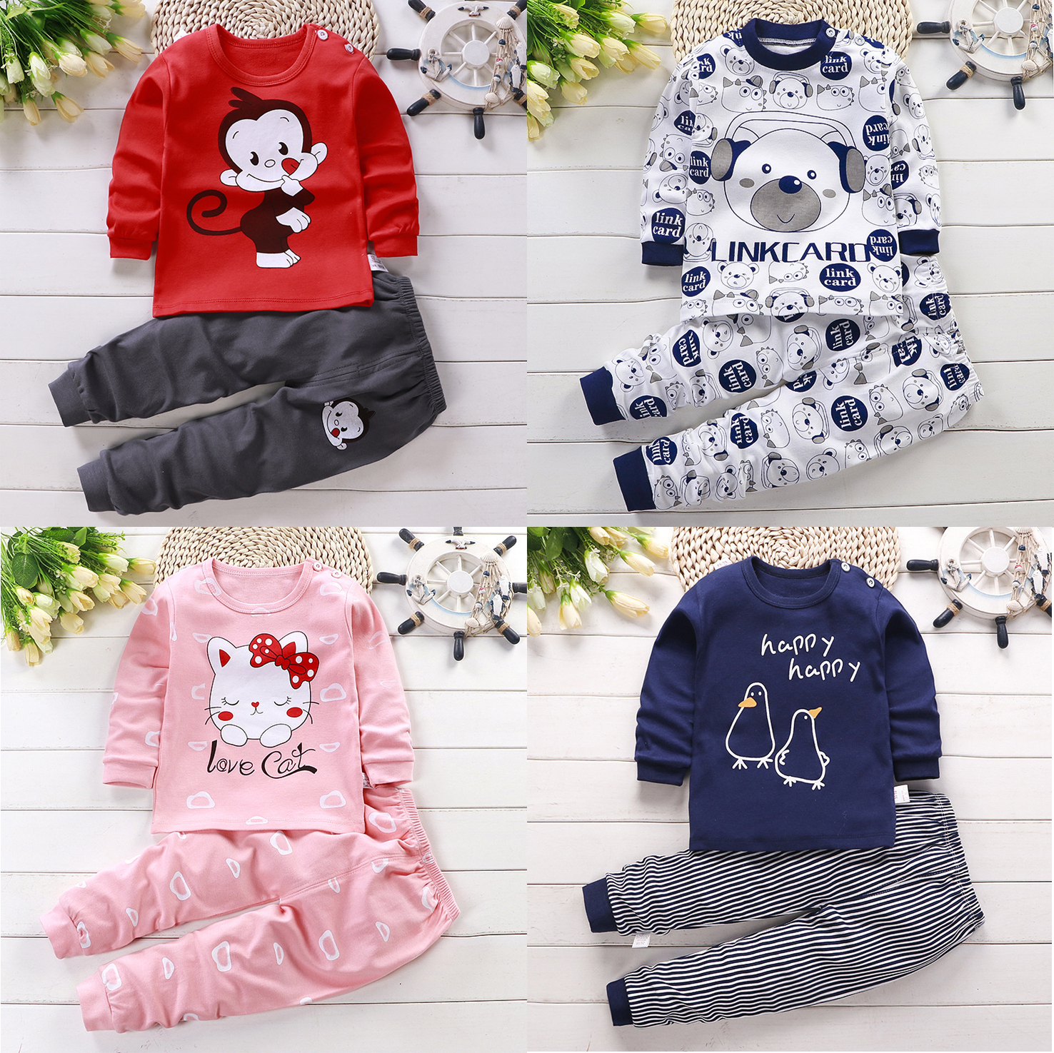 Bộ quần áo thun dài tay chính hãng LINKCARD cho bé chất vải cotton nhiều màu sắc AE3