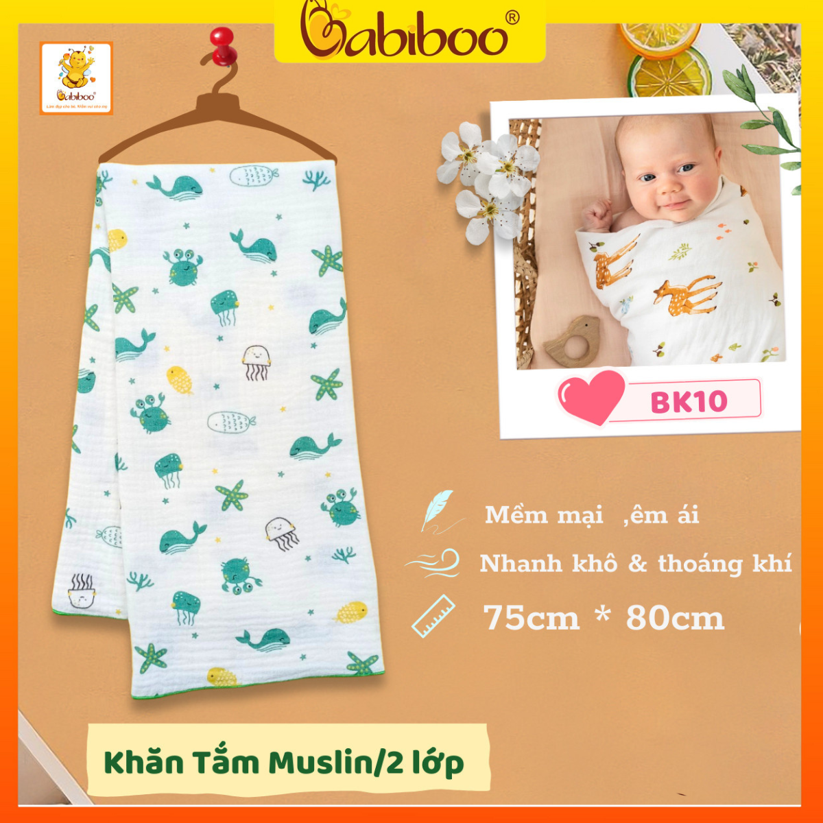 Khăn tắm cho bé Babiboo khăn tắm muslin 2 lớp vải cotton mềm mại 75 x 80cm BK10 ( họa tiết ngẫu nhiên )