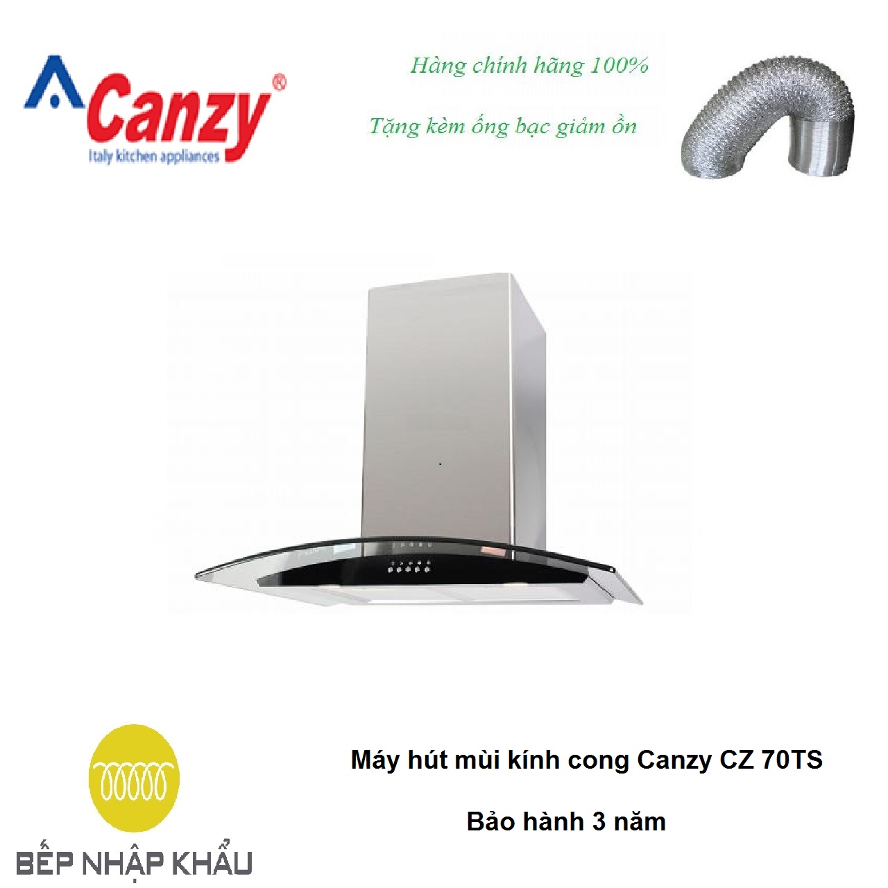 Máy hút mùi kính cong Canzy CZ 70TS, được thiết kế tinh tế, hiện đại, làm từ chất liệu hợp kim cao cấp, chống va đập, khử mùi tuyệt đối