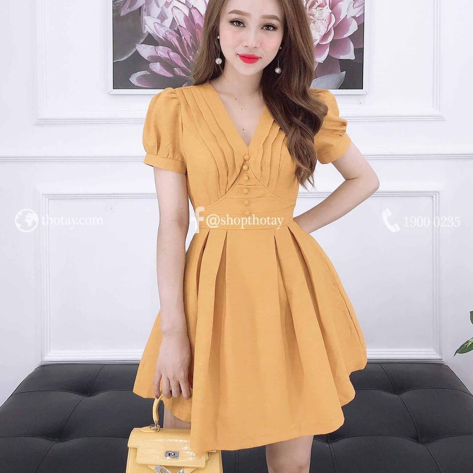 Đầm nữ xòe đính nút cổ chứ v thời trang olivia secret