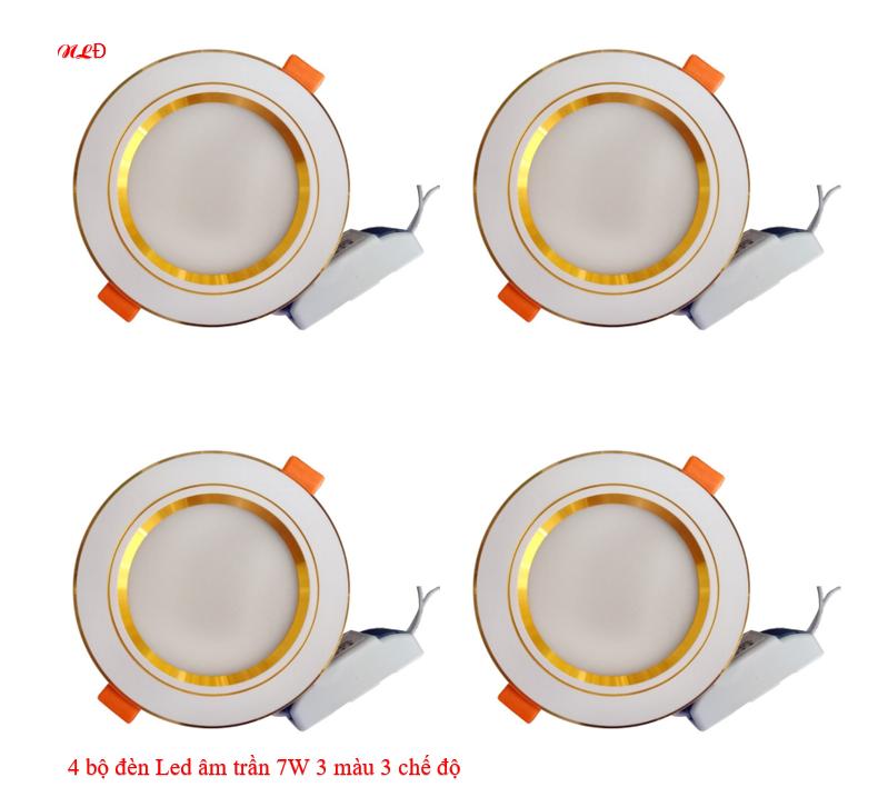Combo 4 bộ đèn led âm trần viền vàng 7w 3 màu 3 chế độ