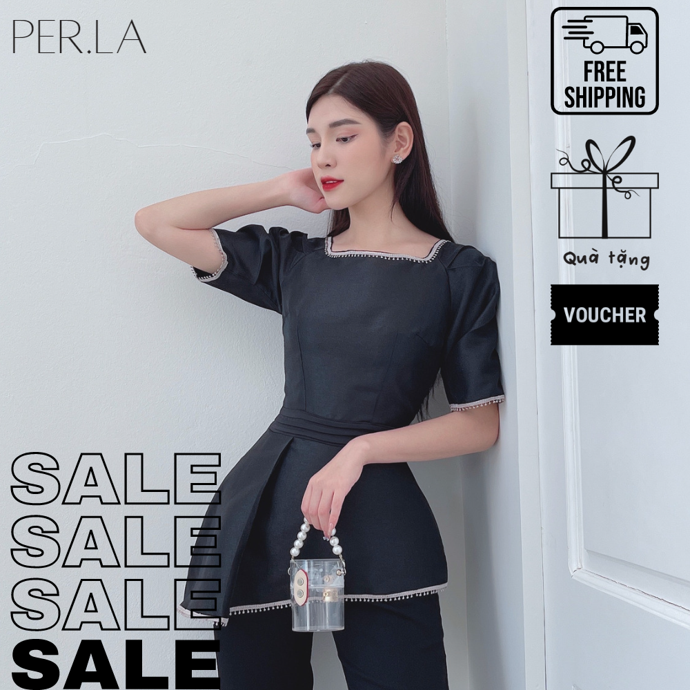 Áo ngắn tay có viền vạt lệch tay kiểu PERLA