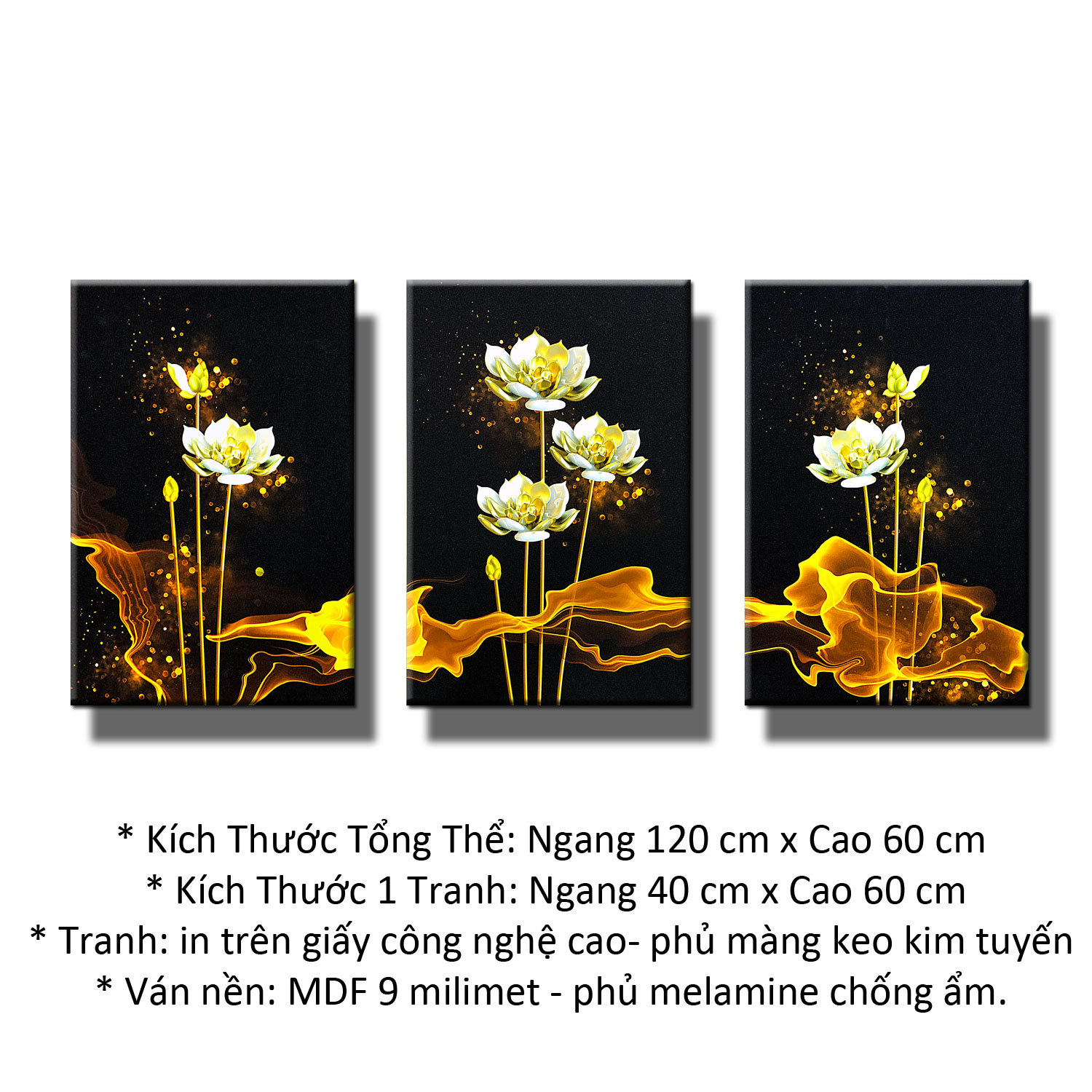 Tranh treo tường - Sen Vàng - Tranh Minh Hiền (Bộ 3 tranh ghép - KT 60 x 120 Cm)