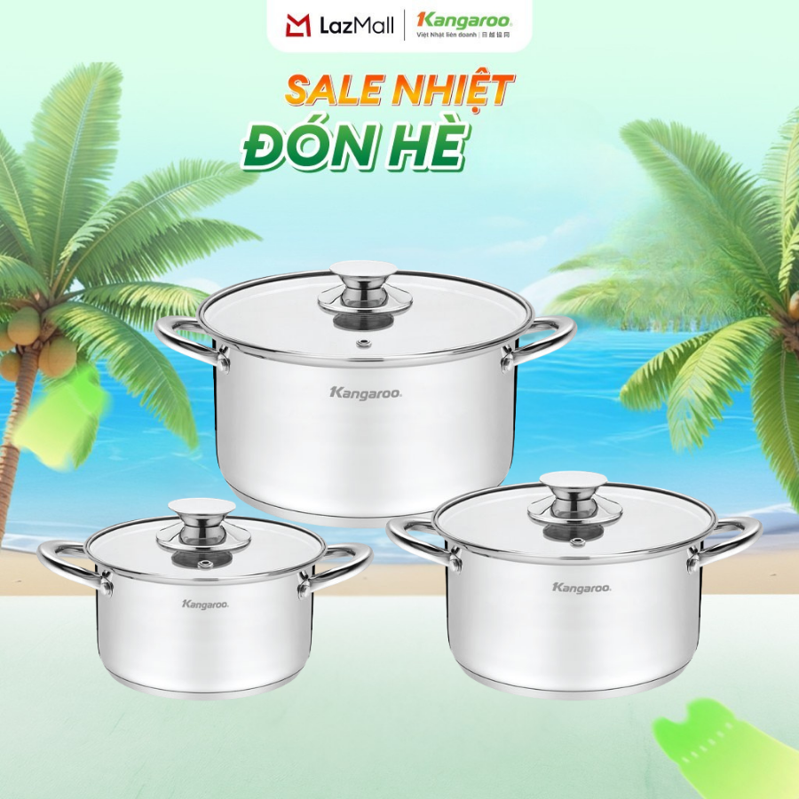 Bộ 3 nồi inox 5 đáy dày 0.5mm nắp kính Kangaroo KGIP3B4E