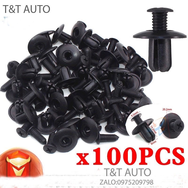 Bộ 100 ốc vít nhựa cho tấm chắn bùn , gắn cản và lòng dè các dòng xe ô tô. kích thước lỗ: 8mm