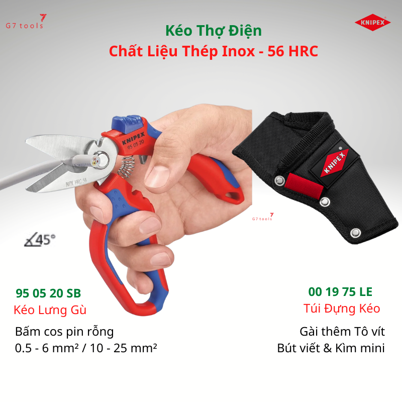 Kéo thợ điện knipex 95 05 20 sb lưng gù 45 độ lưỡi cắt bằng inox 56 hrc, cắt ngọt dây điện & bấm cos pin rỗng đến 25 mm² & túi đeo 00 19 75 le