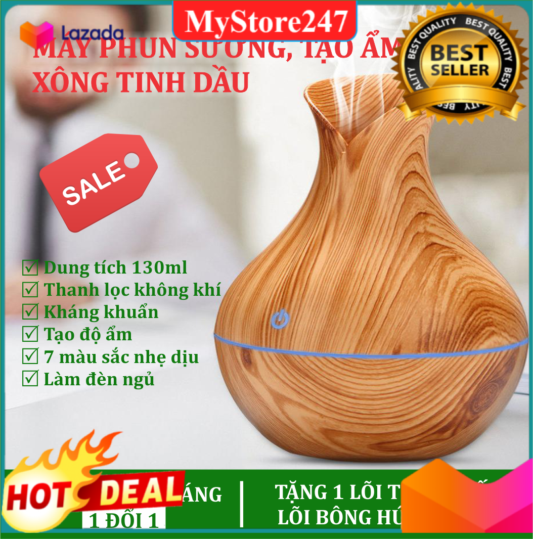 Máy Xông Tinh Dầu Phun Sương Vân Gỗ - Máy phun sương, khuyếch tán tinh dầu làm bằng gỗ, PK An Bình .