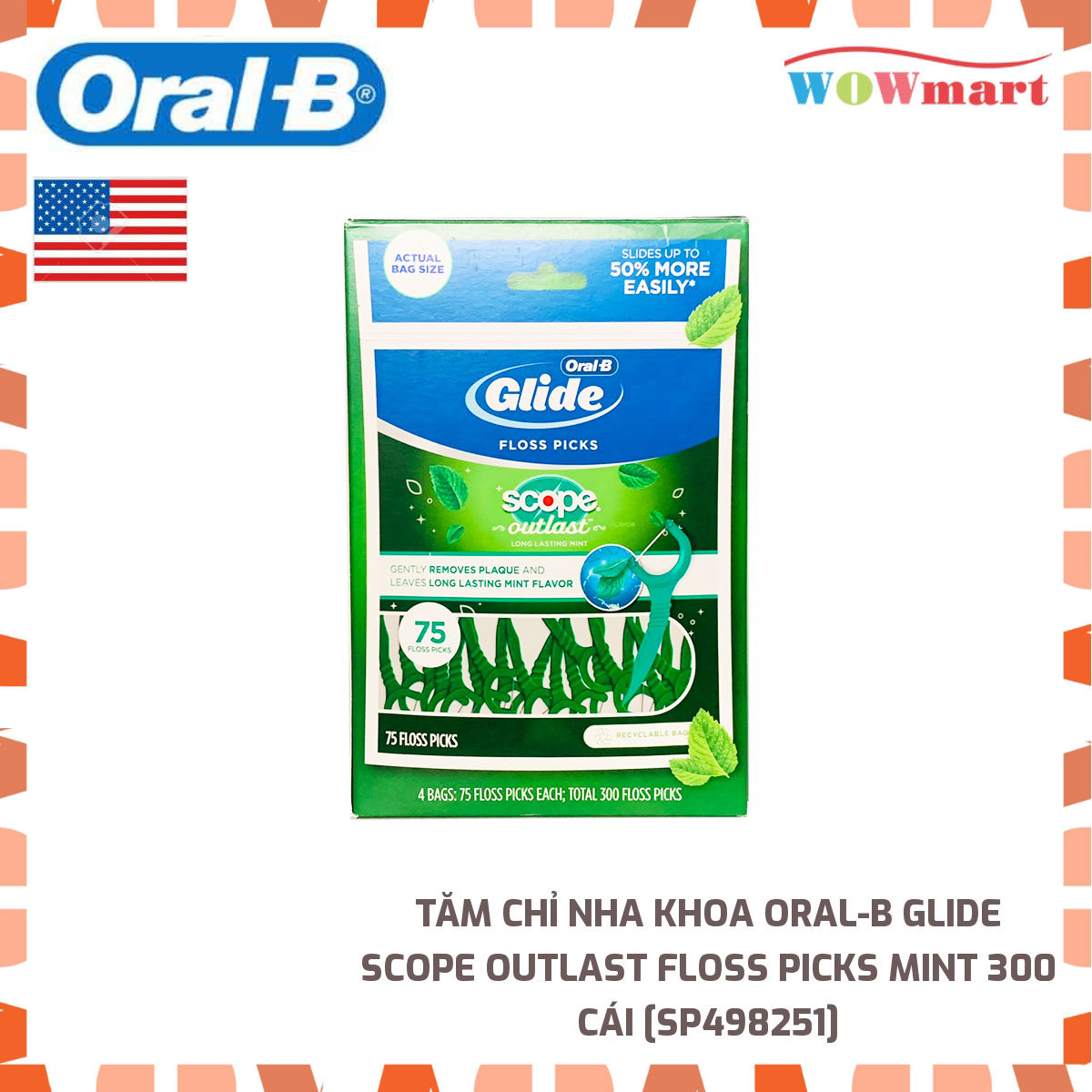 Tăm chỉ nha khoa Oral-B Glide Scope Outlast Floss Picks Mint 300 cái -