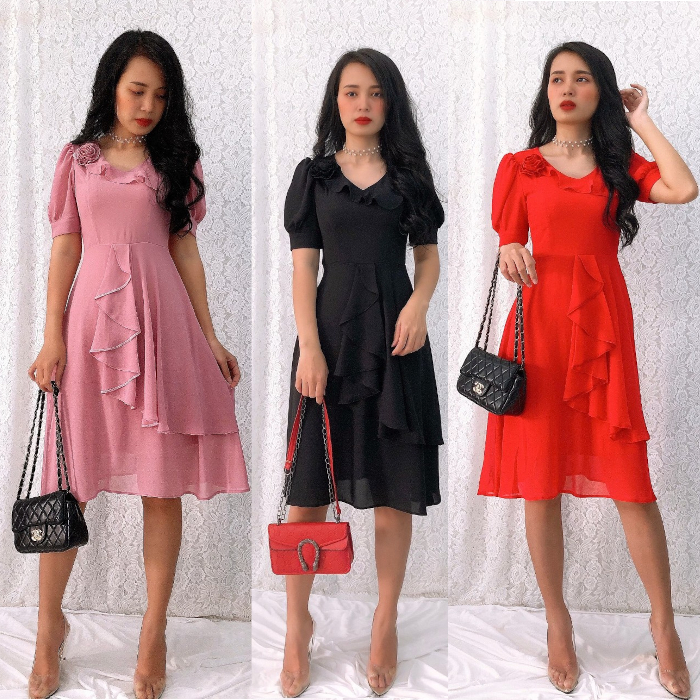 [HCM]Đầm xòe chiffon đính hoa hồng cực xinh Misa Fashion MS0147
