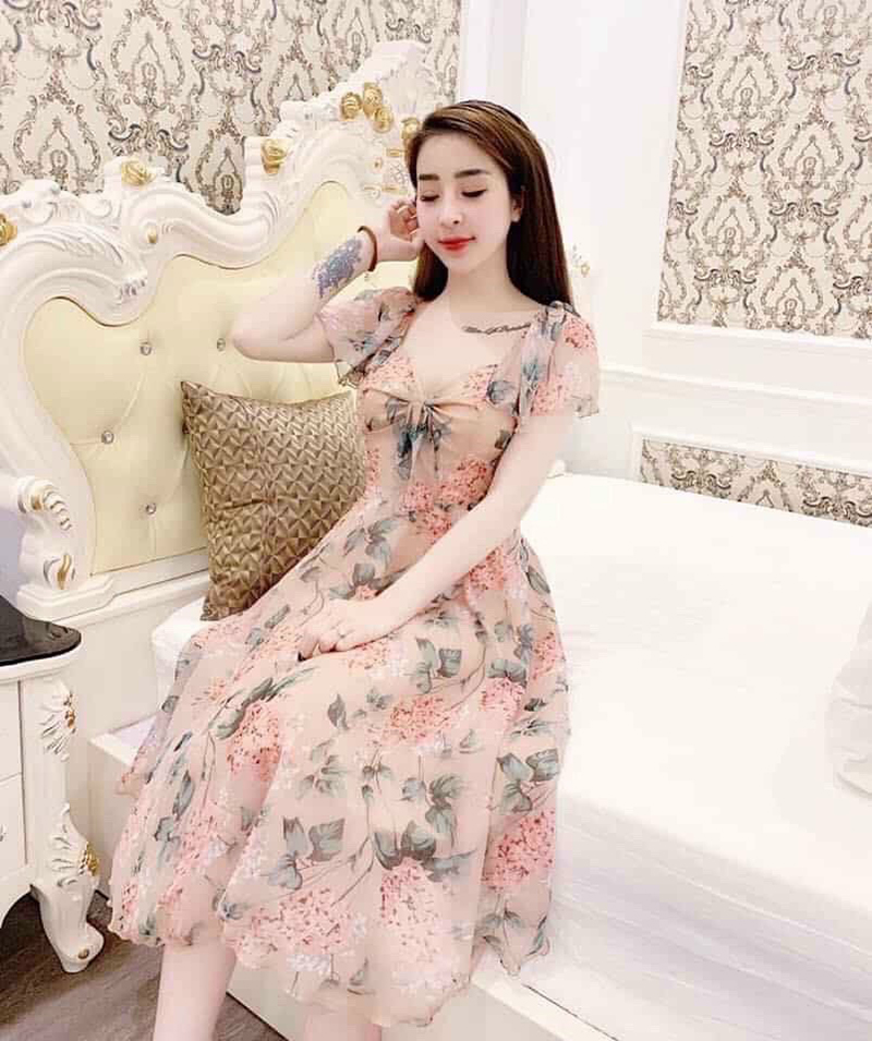 [HCM]Đầm Lụa Hoa Nhún Ngực  Đầm Dự Tiệc Cưới  Đầm Công Sở Cao Cấp - Thời Trang Hoa Anh Đào - One size 40-52kg