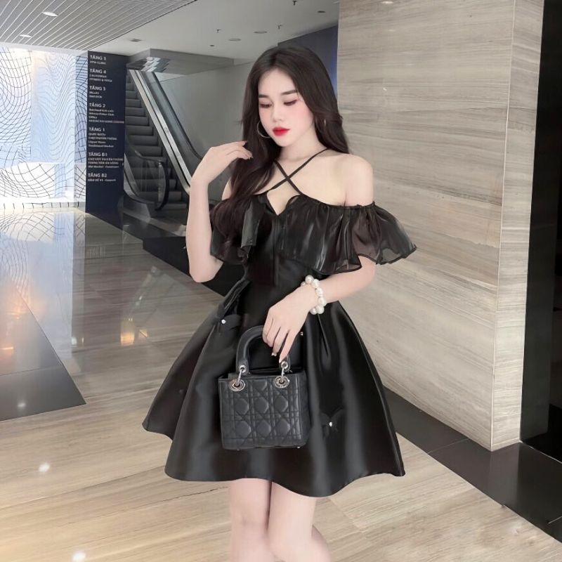 Đầm trễ vai tay bồng đính hoa nổi sang chảnh -váy nữ thiết kế xòe bồng cực xinh -đầm công chúa tiểu thư bánh bèo dễ thương -1989