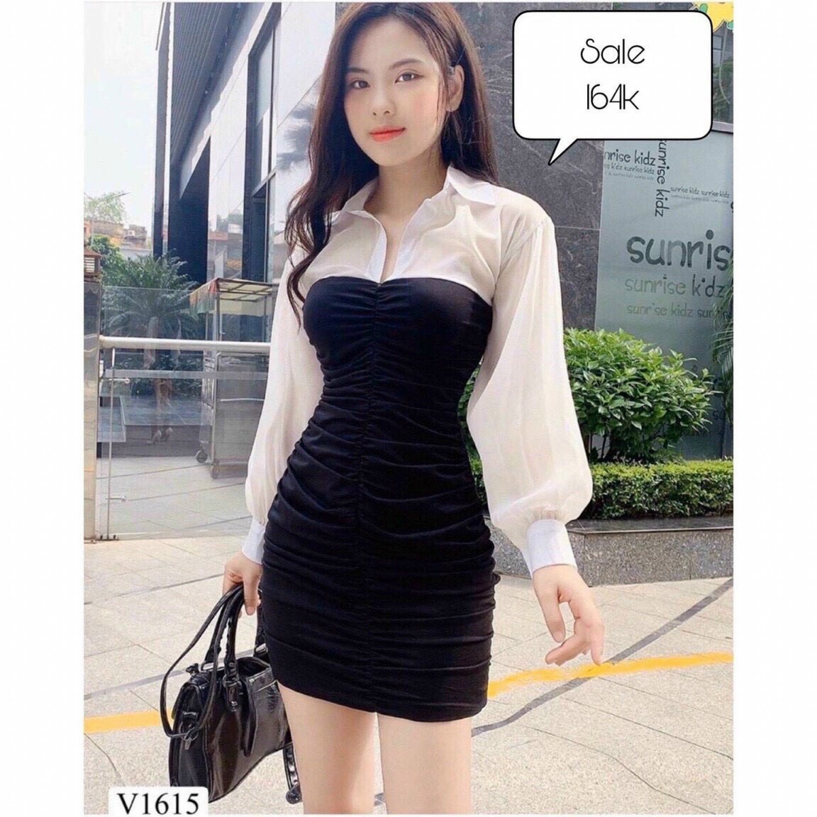 Đầm body nhúng phối tay trắng cổ sơ mi