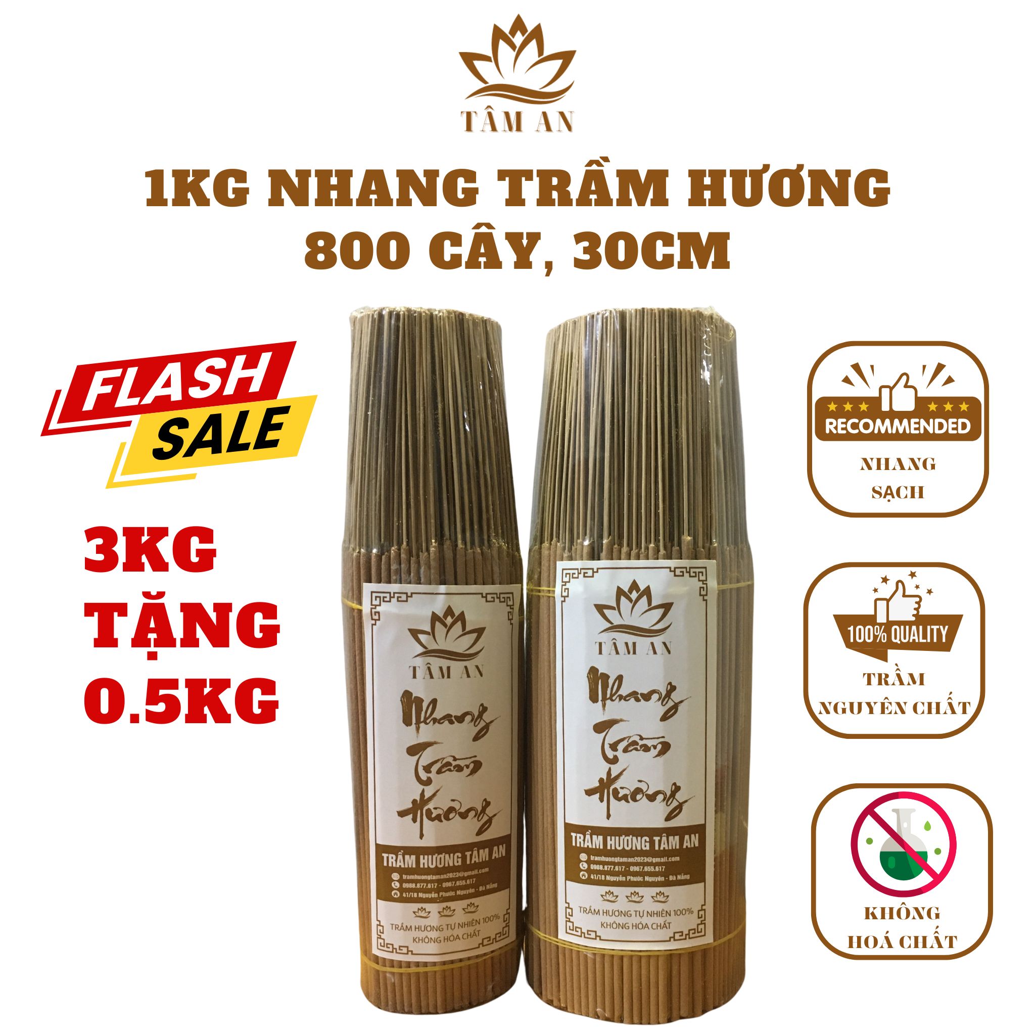Nhang Trầm Hương Tự Nhiên Loại 30cm, 800 Cây 1Kg, Thơm Nhẹ, Nhang Trầm Hương Chính Hãng Tâm An, Nhang Không Cuộn Tàn