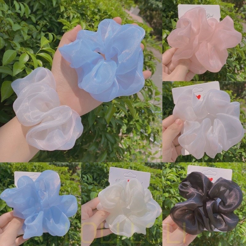 Scrunchies cột tóc voan kính siêu dễ thương phồng to lấp lánh